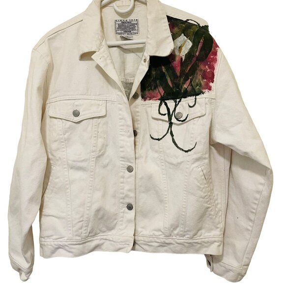 Vintage Jordache Jean Jacket Coat Hand Painted Floral Design White Size Large - Picture 1 of 11